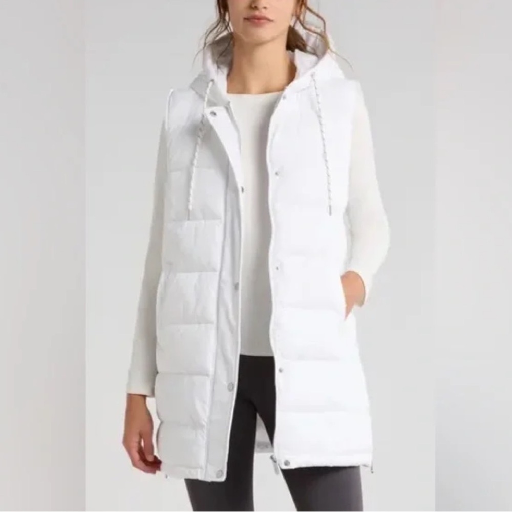 Zella Womens white long hooded puffer vest full zip L